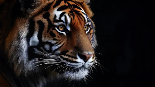 Tiger’s quiet gaze glowing against deep velvet shadow.
