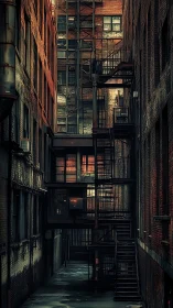 Narrow urban alley with metal fire escapes and brick facades.