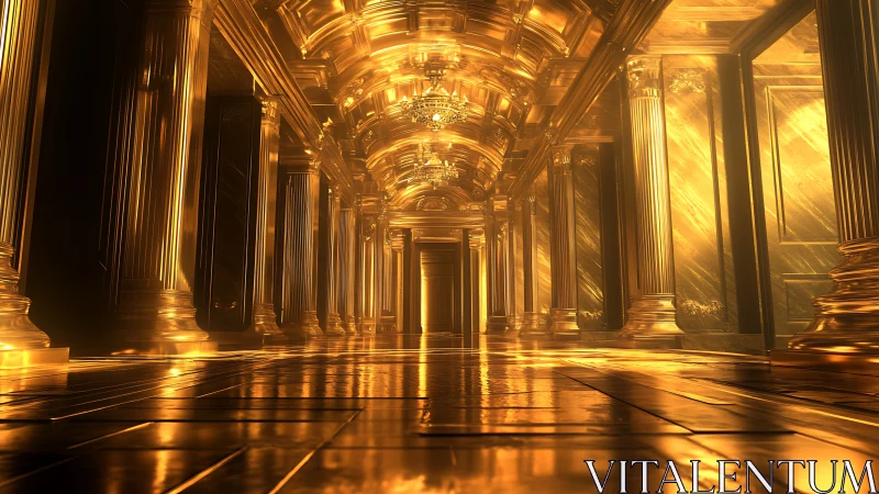 Golden palace corridor with glowing neoclassical columns.
