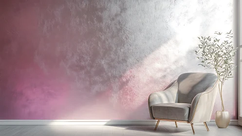 Blush sunrise wall wraps a modern reading nook in calm light.