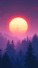 Neon dusk sun swallowing a dream-drenched violet forest.
