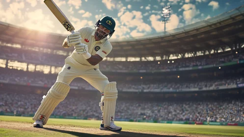 Low-angle cricket batsman in dynamic stadium composition.