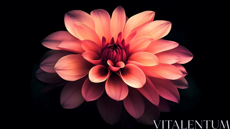 Coral Dahlia Bloom Against Black Background.