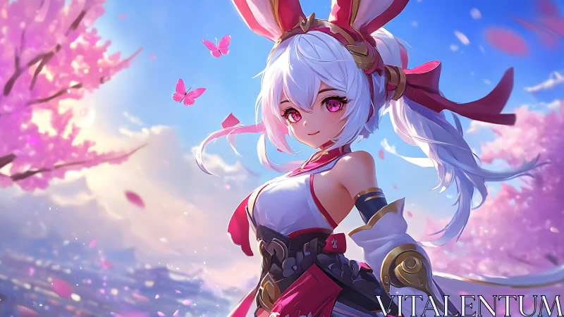 Anime warrior girl under sakura blossoms in radiant backlight