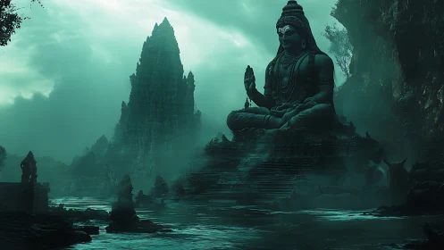 Mist-drenched river temple kneels before colossal serene deity