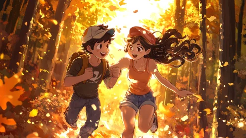 Joyful friends race through a glowing autumn forest path