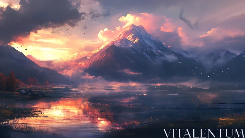 Sunlit mountain lake wrapped in soft clouds and quiet light.