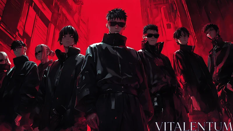 Futuristic street gang under red neon city glow.