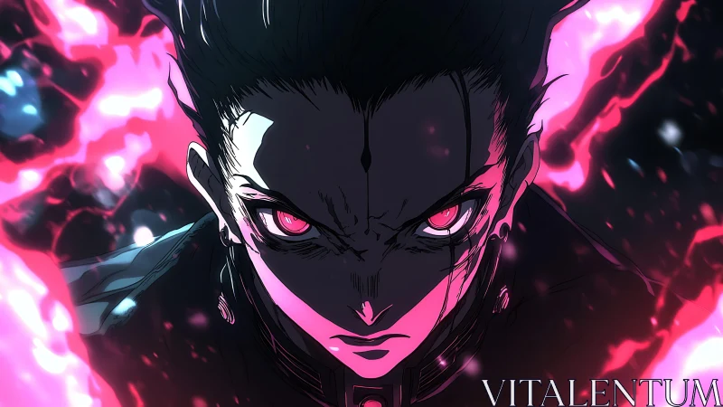 Intense anime warrior with neon pink aura and hard lighting.