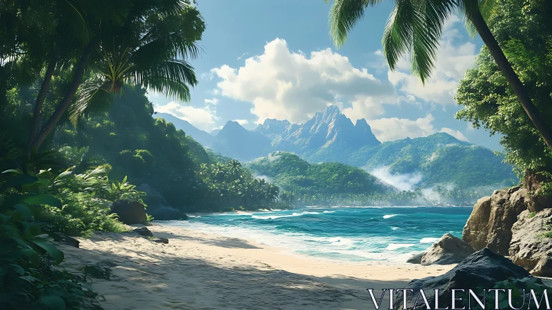 Tropical Coastal Landscape: Jagged Mountain Peaks and Turquoise Waters.