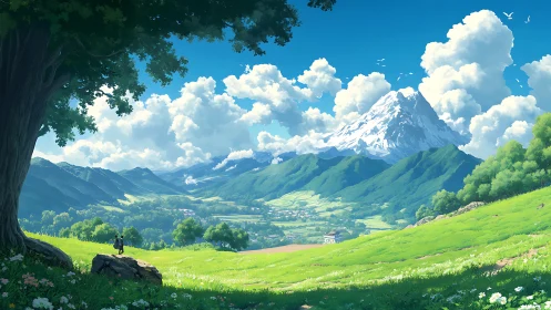 Wide green valley under snowy mountain and blue sky.