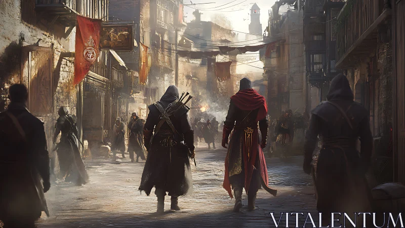 Hooded warriors walk through war torn medieval city street.
