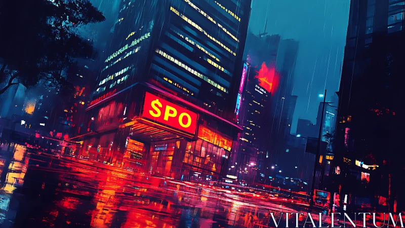 Nighttime city street scene shows neon-lit buildings in rain