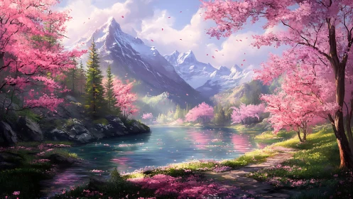Mountain lake framed by blooming cherry trees in saturated light