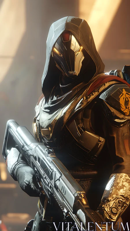 Hooded exo-guardian with tactical rifle, cinematic 3D portrait.