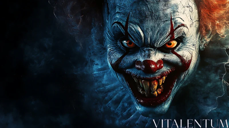 Sinister carnival clown emerging from swirling blue shadows.