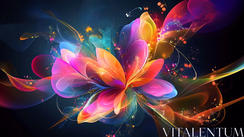 Abstract multicolored light petals on dark digital background.