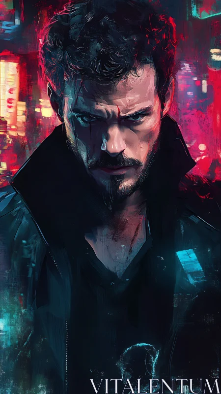 Cyberpunk vigilante portrait under neon backlight, digital painting.