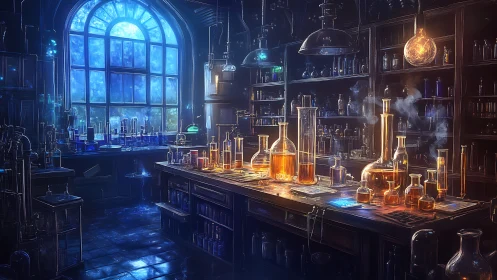 Arcane alchemy lab glowing with ethereal glassware and light.