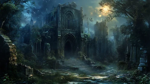 Moonlit ruins of a forgotten gothic cathedral breathe mystery