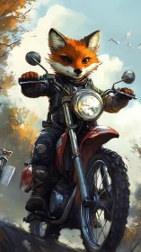 Fox biker roaring through autumn forest trail at speed.