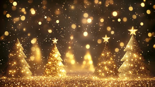 Glittering golden Christmas trees in festive bokeh glow.