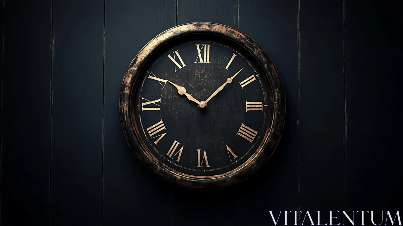 Weathered brass wall clock with softly glowing roman numerals.
