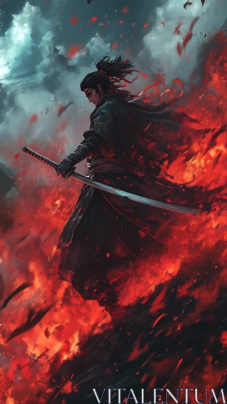 Lone samurai in searing crimson flames and storm clouds.