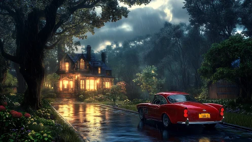 Cozy forest cottage and vintage red car on a rainy evening.
