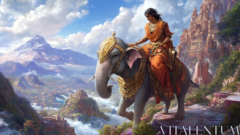 Sky-high empress guides a jeweled elephant over cloud valleys