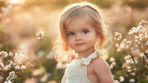 Young girl in wildflowers with golden hour glow.