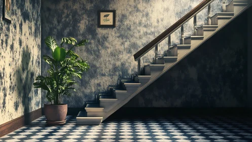 Diagonal staircase crosses textured wall as plant anchors tiled floor