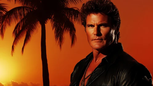 Cinematic male portrait against high-saturation tropical sunset sky