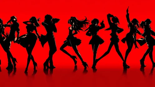 Silhouetted anime ensemble against bold red backdrop.