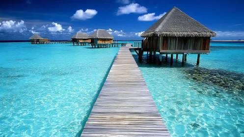 Wooden boardwalk extends to stilt bungalows over clear water