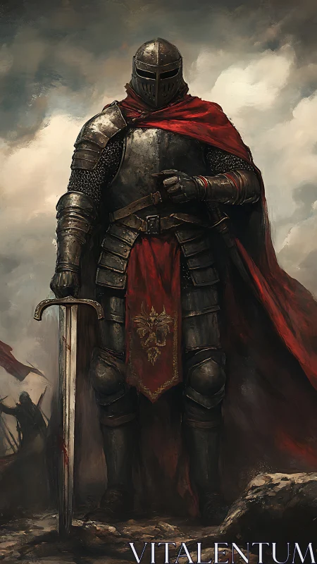 Armored knight stands resolute beneath storm laden skies