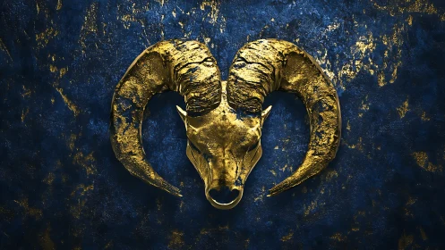 Gold ram skull relief with high-contrast textured blue ground