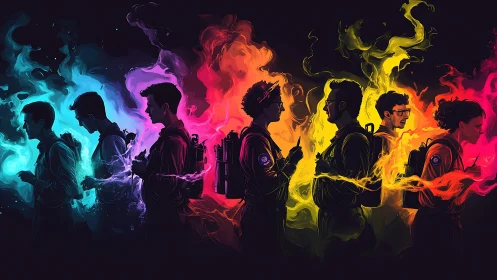 Spectral team lineup with chromatic ectoplasmic energy halos.