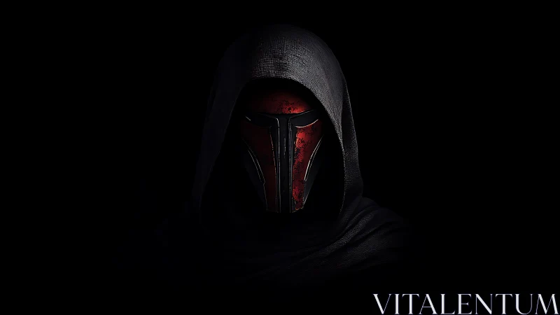 Hooded crimson war mask emerging from starless shadow.