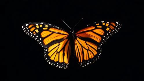 Monarch butterfly with open wings on black background.