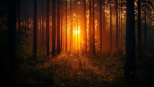 Golden Sunrise Through Forest Trees