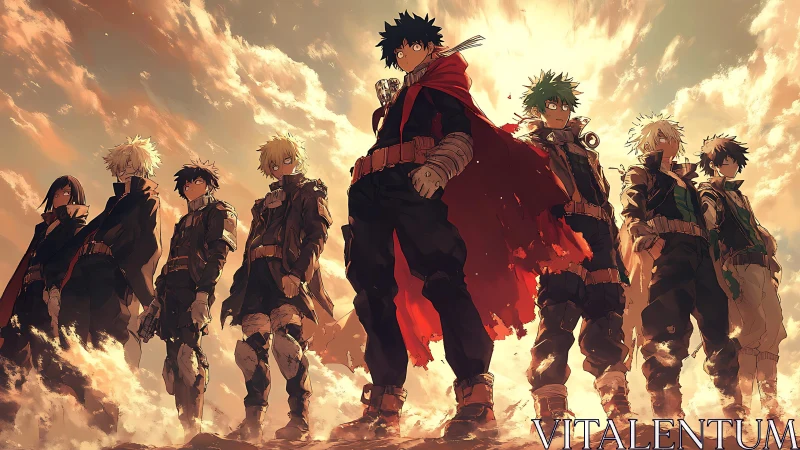 Heroic anime squad stands against storm lit horizon