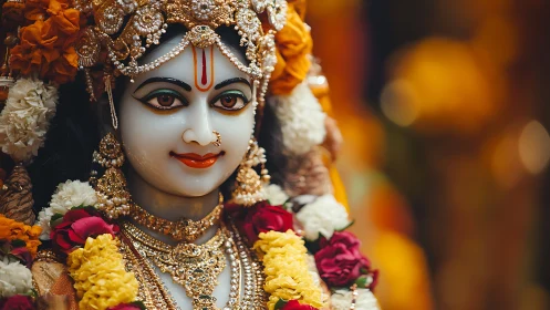 Radiant deity adorned with flowers and golden festival grace.