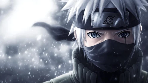 Masked silver haired ninja portrait in snowy storm.