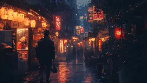 Lantern-lit alley whispers neon stories to a lone wanderer