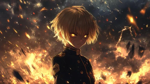 Blond anime soldier stands amid explosive fiery chaos.