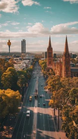 City avenue with church spires and mixed urban skyline at dusk