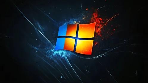Windows logo with energetic particle dispersion on dark field.
