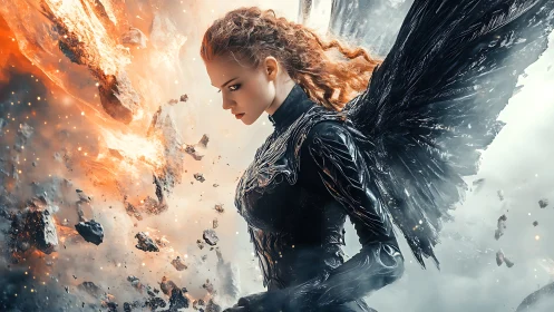 Winged warrior walks calmly through fire and falling stone