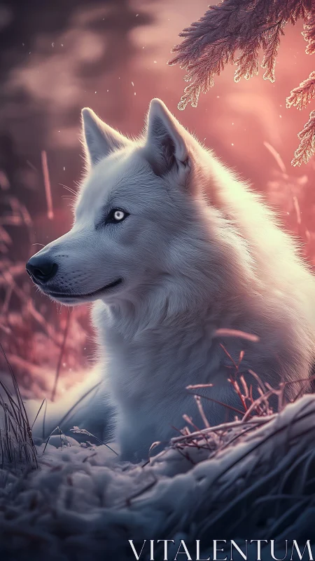 Moon-eyed winter wolf resting beneath emberlit pines.